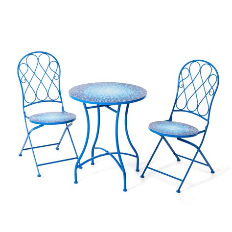 Set of 3 Outdoor Metal and Ceramic Tile Blue Folding Bistro Set, Size ...