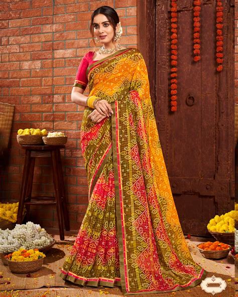 Vishal Prints Dark Yellow Patterned Chiffon Bandhani Print Saree With