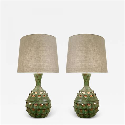 Pair of Mid Century Ceramic Table Lamps with Illuminated Artichoke Base