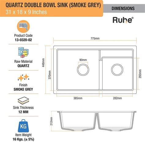 Ruhe Quartz Double Bowl Kitchen Sink (31 x 18 x 9 Inches) - Smoke Grey ...
