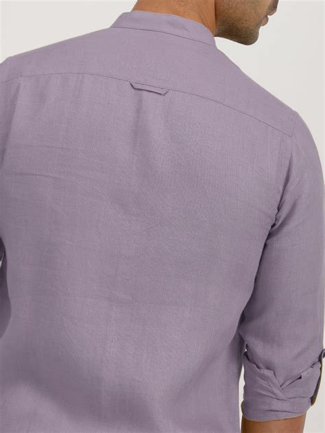 Double Pocket Mandarin Collar Pure Linen Full Sleeve Shirt for Men ...
