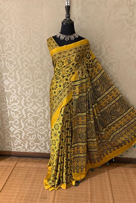 YELLOW PURE MODAL SILK AJRAKH PRINTED SAREE WITH BLOUSE – Saarang Sarees