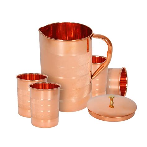 Zap Impex Indian pure copper pitcher with 4 glass jar set, capacity 1.6 ...