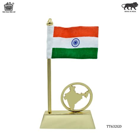 Single Indian Flag with India Map Base – Golden Finish Tabletop Decor ...
