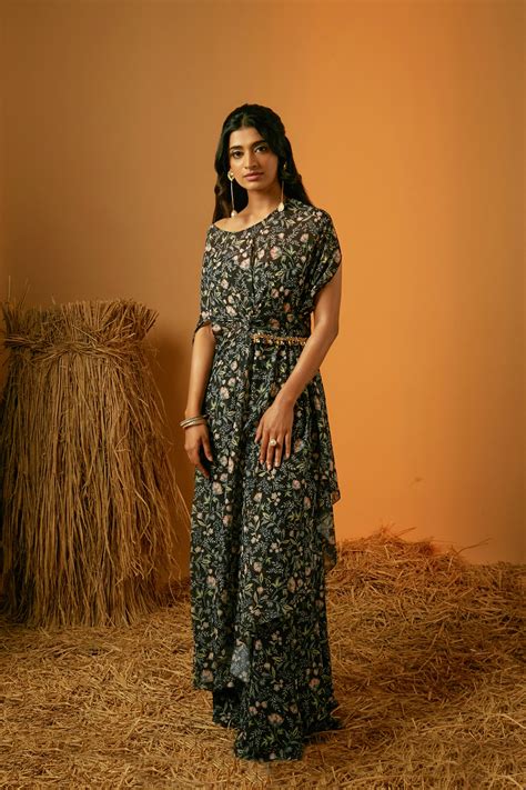 Black Poly Georgette Floral Printed Kaftan Set – Ria Shah Label
