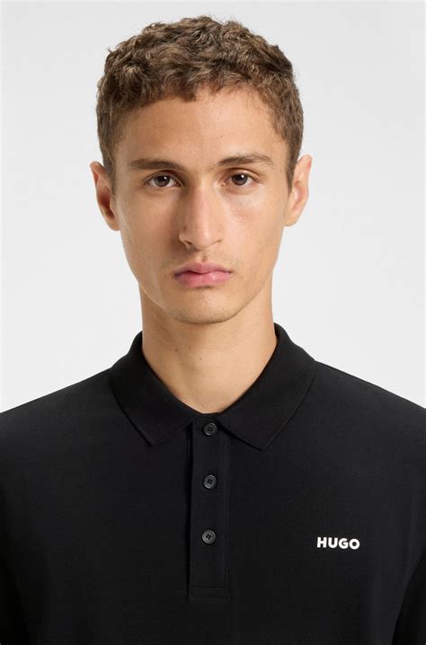 HUGO - Cotton-piqué polo shirt with logo print - Black