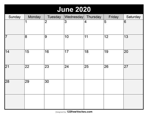 Free Download June 2020 Calendar Template