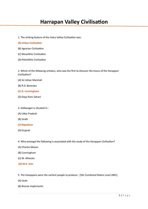 Indus Valley Civilization MCQ's - Harrapan Valley Civilisation The ...