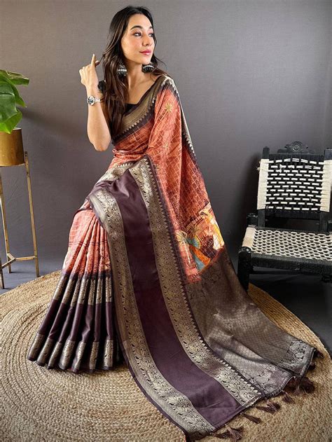 Rust Banarasi Pichwai Print Saree vastranand online