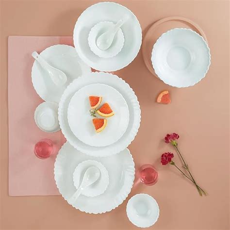 Larah by Borosil Plain White Silk Series Opalware Dinner Set | 35 ...