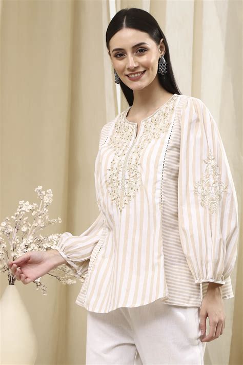 Buy Beige Cotton A-Line Short Kurta Online at Biba Global