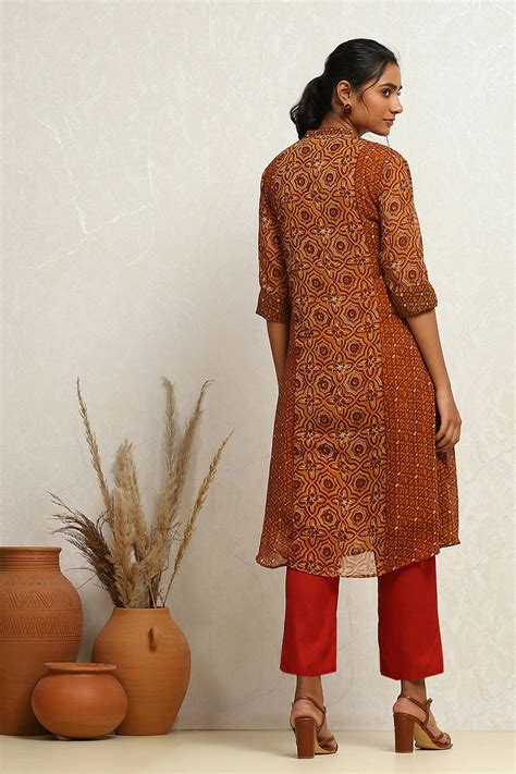 Mustard and Maroon Georgette Printed A-Line Kurta at Biba India