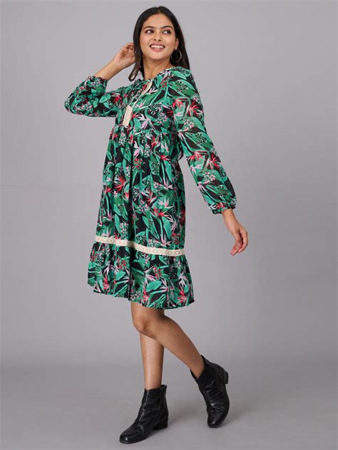 Buy Women Green Floral Print Ethnic Dress (GBKU5237) – G O O S E B E R Y®