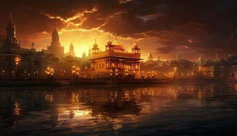 Distant view of golden temple with sunrise | Premium AI-generated image