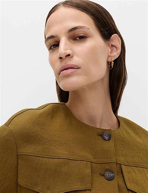Buy Collarless Utility Jacket With Linen at Marks & Spencer