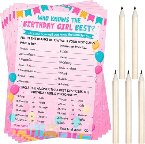 Buy 30 Pack Who Knows Birthday Girl Best Game Cards with 10 Pencils ...