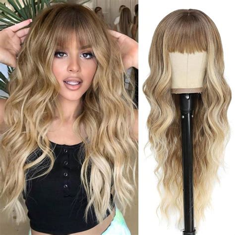 26 Inch Long Wavy Bang Wig Ombre Blonde Wigs Upgraded Protein Fiber ...