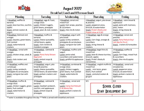Lunch Menu - Nobis Montessori