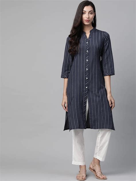 Jompers Women Navy Blue & White Striped Indigo Fusion Kurta ( JOK 1371 ...