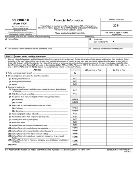2011 Form DoL 5500 - Schedule H - Blank Fillable Template | Fill Out ...