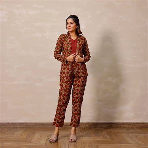 Red and Beige Ajrakh Print Cotton Blazer set with Inner – Vivika Fashion