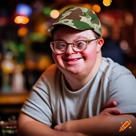 Smiling man with down syndrome wearing glasses at a pub on Craiyon