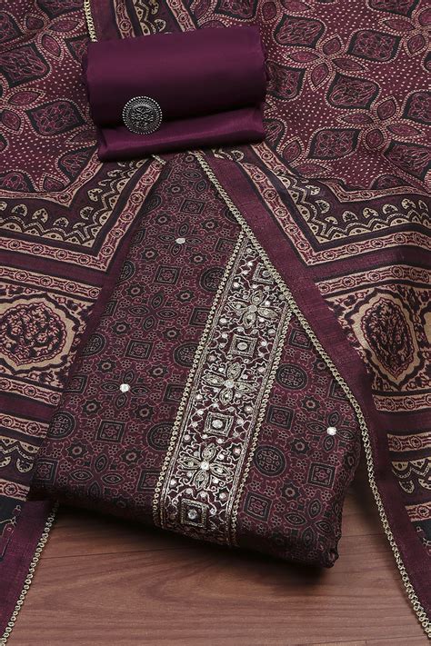 Buy Wine Silk Blend Hand Embroidered Unstitched Suit Set Online at Biba ...