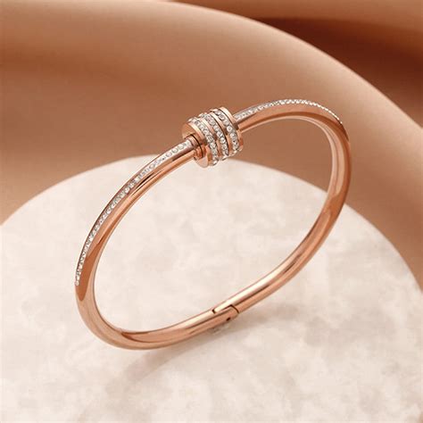 Buy Stainless Steel Rose Gold Plated American Diamond Studded Bangle ...