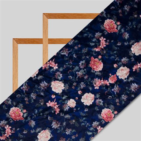 Royal Blue Floral Pattern Digital Print Velvet Fabric (Width 58 inches ...