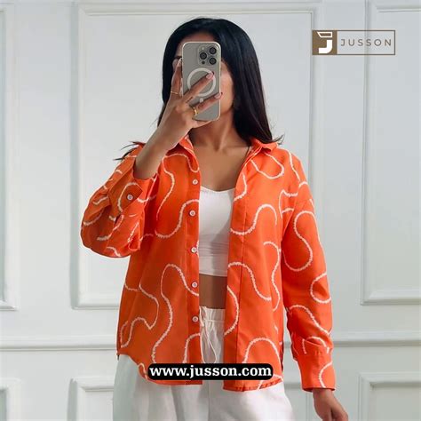Bright Orange Wavy Line Printed Oversized Shirt – jusson