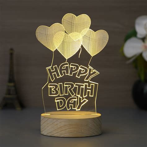 Happy Birthday Heart Design Carved on Acrylic & Wood Base Night Lamp ...