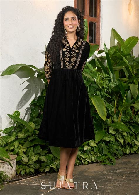 Exclusive black velvet floral embroidered one piece dress – Sujatra