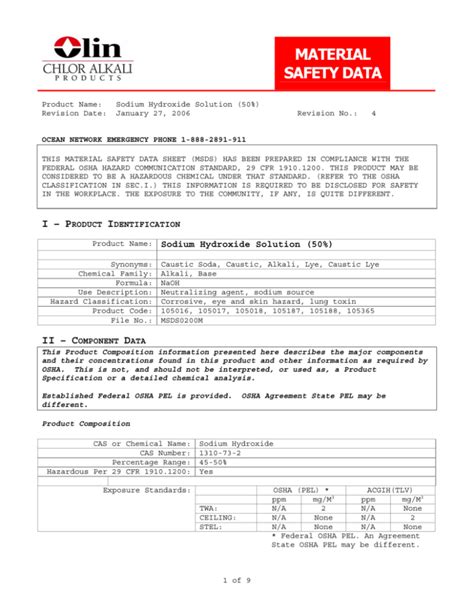 Sodium Hydroxide Solution (50%) MSDS | Safety Data