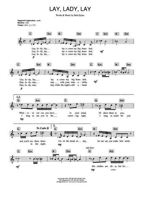 Lay Lady Lay by Bob Dylan Sheet Music for Piano Chords/Lyrics at Sheet ...