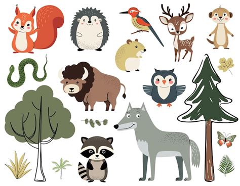 Woodland animals and trees cute forest animals squirrel woodpecker ...