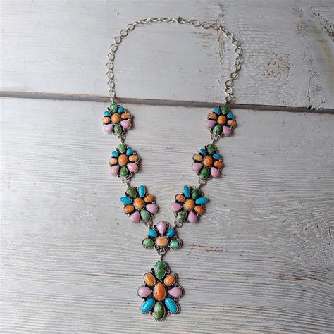 Navajo Sheila Becenti ミックス ストーン シルバーネックレス ピアスセット インディアンジュエリー ...