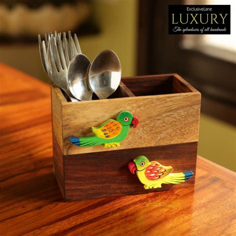 'Birds Of A Feather' Cutlery Cum Napkin Holder In Sheesham & Mango Woo ...