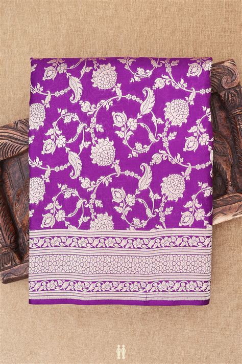 Banarasi Silk Saree In Purple With Floral Design