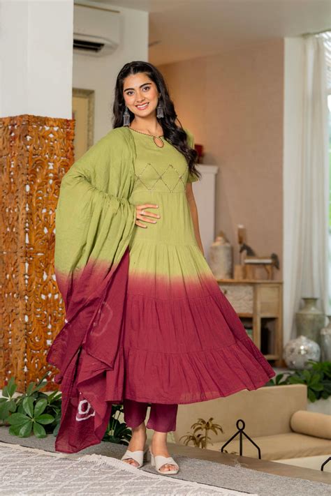 Women Tie& dye Mulcotton Anarkali Shape Kurta, Pant With Dupatta ...