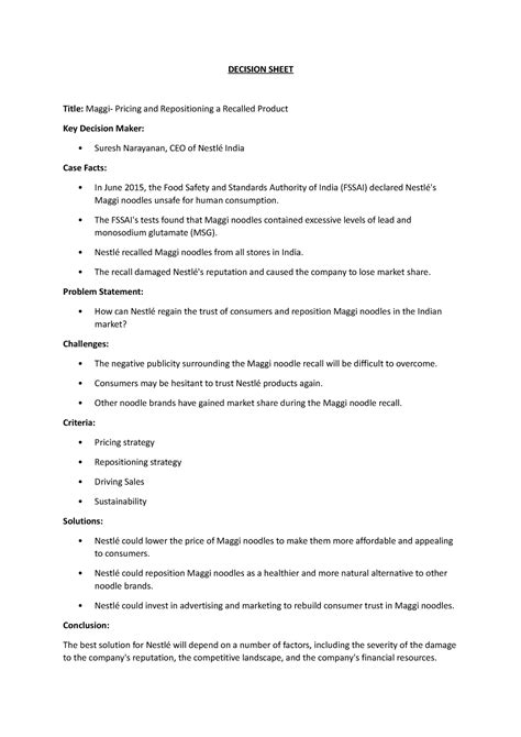 CB Case- 5 - Assignment - DECISION SHEET Title: Maggi- Pricing and ...