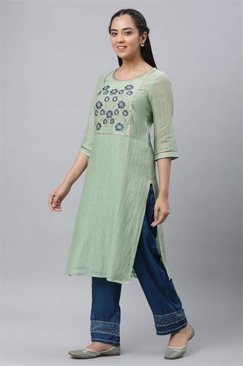 Buy Mint Green Embroidered Kurta, Palazzo & Dupatta Set Online for ...