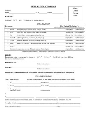 Fillable Online ncboe LATEX ALLERGY ACTION PLAN Place Childs Picture ...