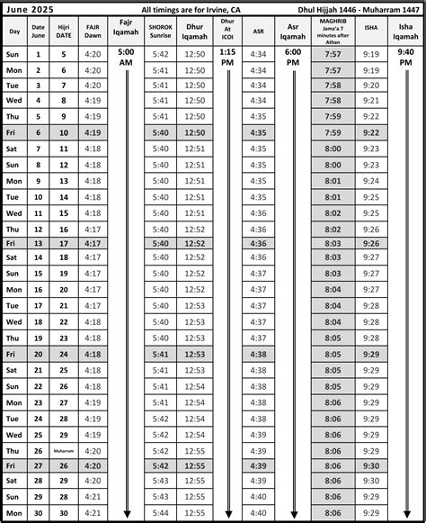 Monthly Prayer Times - Islamic Center Of Irvine