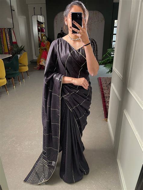 Black Sequins And Zari Work Viscose Chanderi Saree