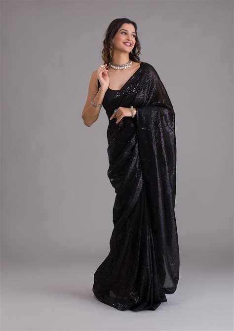 Buy Black Sequins Georgette Saree - Koskii