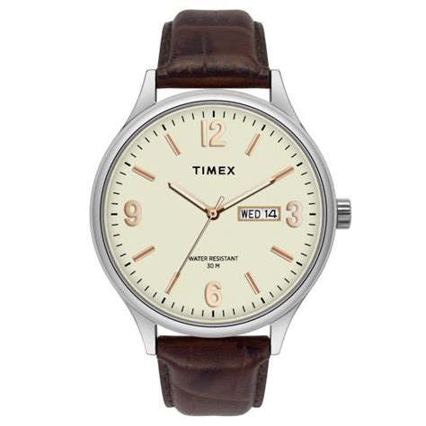 TIMEX FASHION MEN'S BEIGE DIAL ROUND CASE DAY DATE FUNCTION WATCH -TWE ...