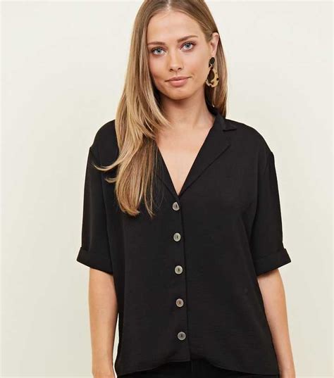 Black Button Front 1/2 Sleeve Boxy Shirt | New Look