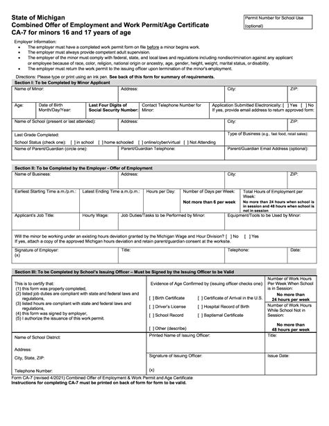 Form CA-7 - Michigan Combined Offer of Employment and Work Permit/Age ...