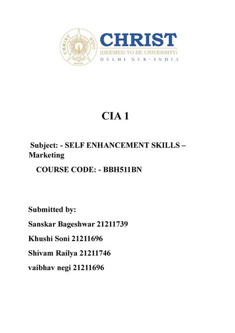 Self enhancement - CIA 1 Subject: - SELF ENHANCEMENT SKILLS – Marketing ...