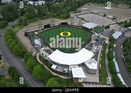 A general overall aerial view of PK Park (left) and Autzen Staidum ...